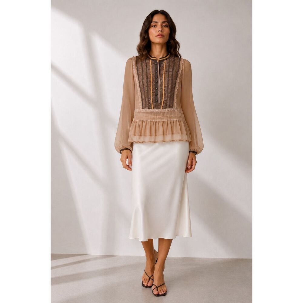 NWT Beaubois 100% Silk Sheer Lace Peplum Blouse Rare Romantic Boho Size M